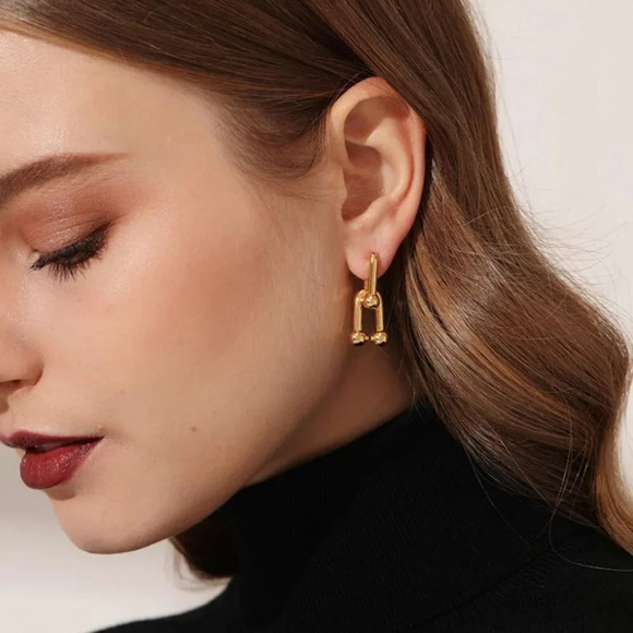 925 Sterling Silver Chunky U Link Earrings Thick Bold Hardware Earrings - Picture 6 of 8